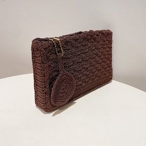 Vintage 40s Brown Corde Box Shaped Clutch w/Key Chain and Large Circular Tassel
